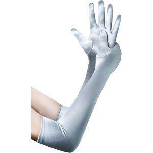 Women's Silver Long Opera Party 20s Satin Gloves Stretchy Arm Cover Elbow Length